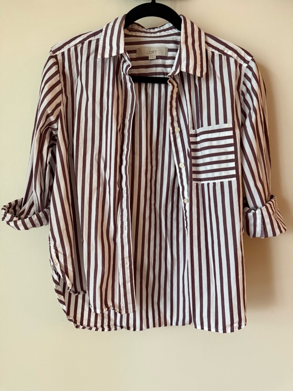 LOFT Burgundy White Striped Button Up Shirt Collared Blouse Casual Work Top